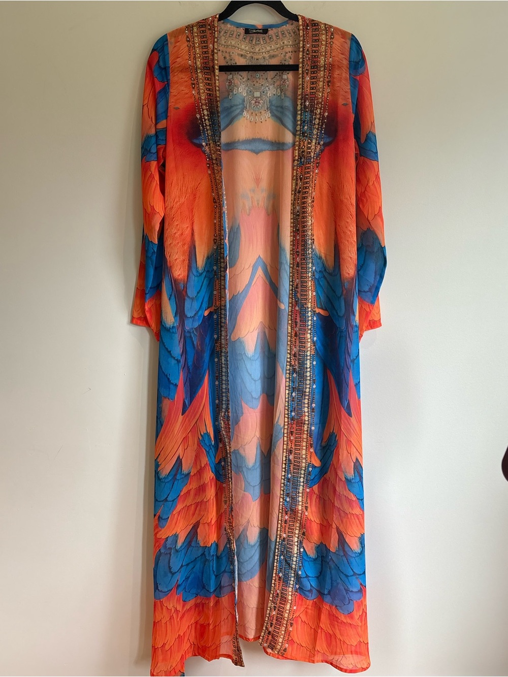 Shahida Parides Embellished Feather Print Long Duster Kimono Cover Up One Size